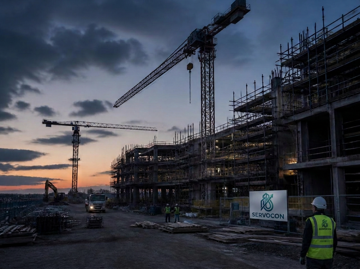 Large commercial construction site with tower cranes at dusk