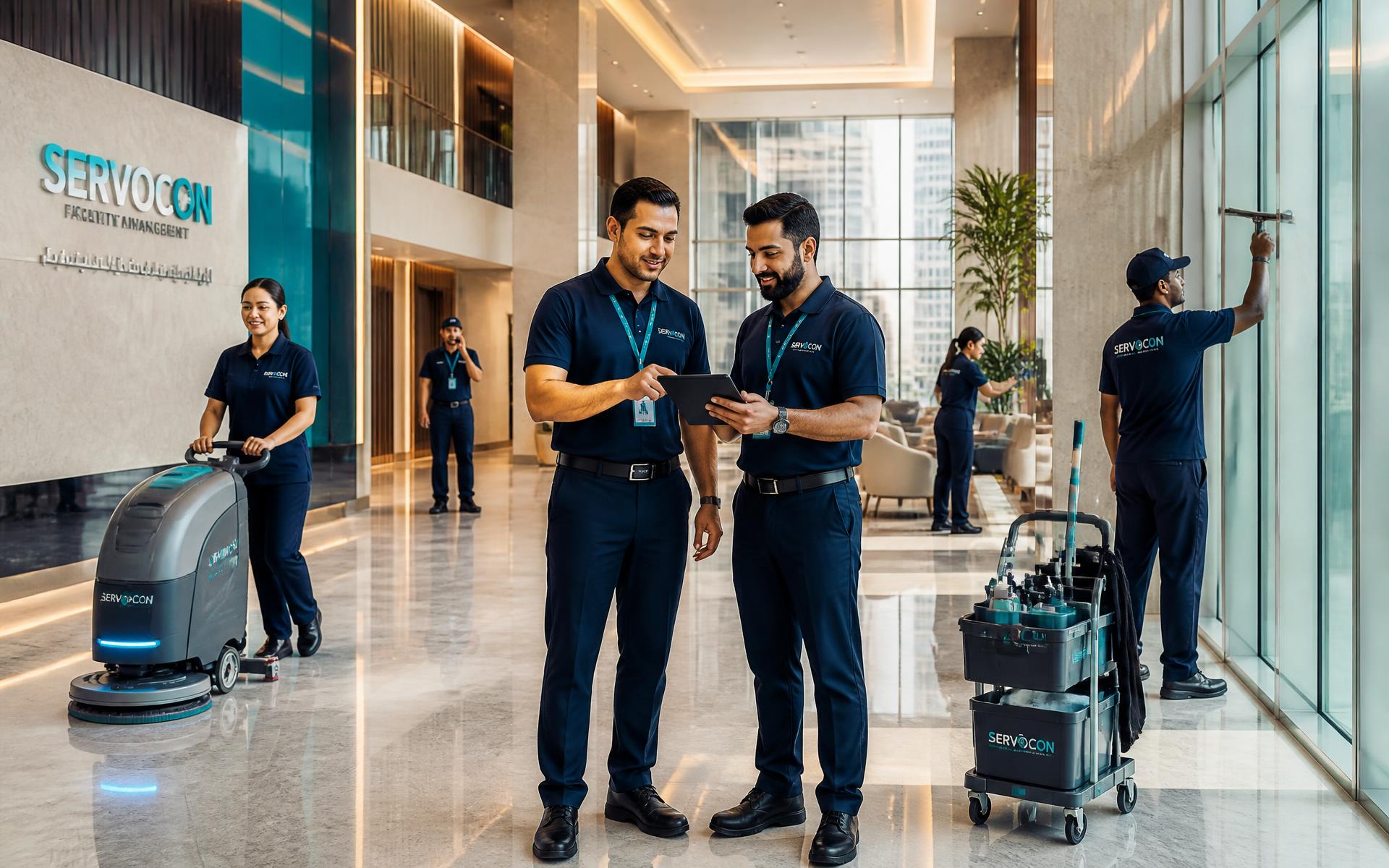 SERVOCON facilities management team maintaining a modern commercial building in the UAE