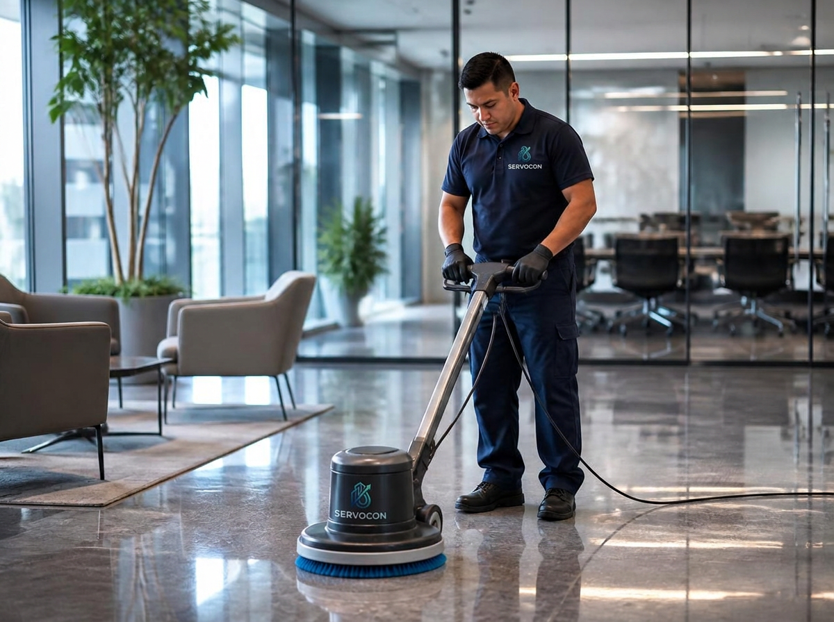 SERVOCON operative machine-polishing the floor of a corporate office common area