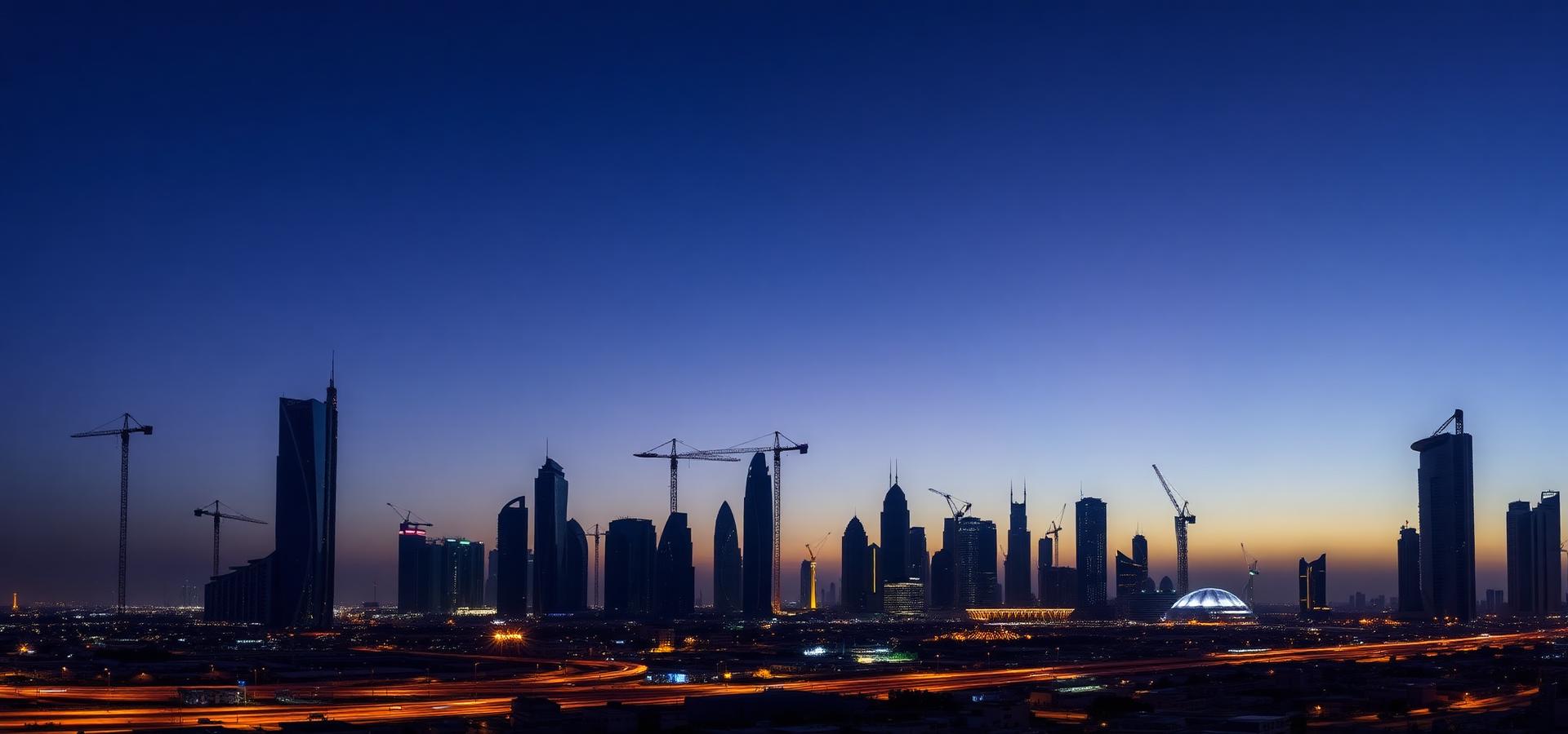 UAE skyline with construction cranes and commercial towers at dusk