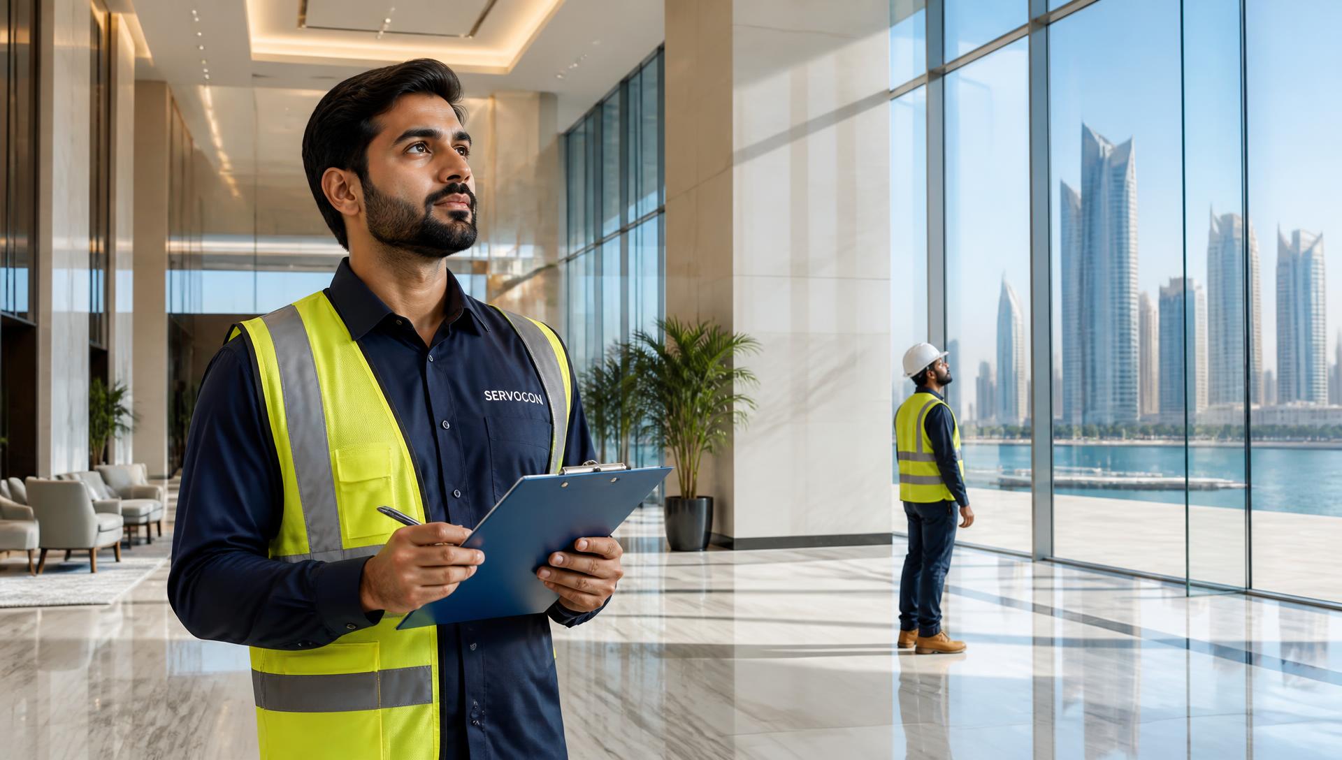 SERVOCON supervisor conducting a quality inspection inside a modern commercial building